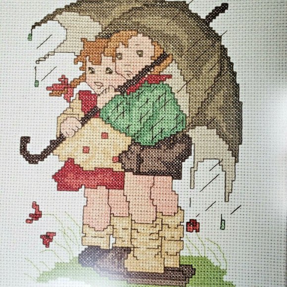 Cross Stitch Pictures Rainy Day Umbrella Children Framed 9x11" - Picture 3 of 6